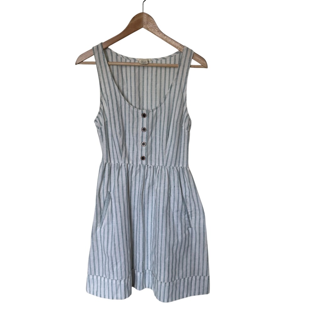 Cope Striped Sun Dress Women Size 4 Blue White Excellent Linen Blend Pockets